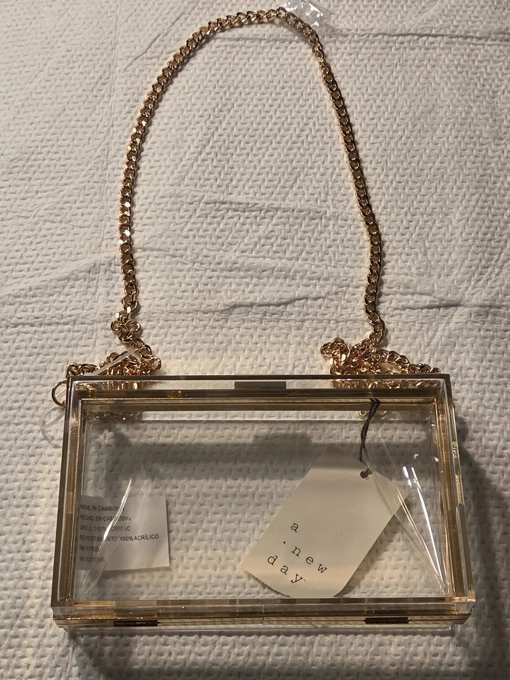 A New Day  Clear Acrylic Box Bag with Gold Trim